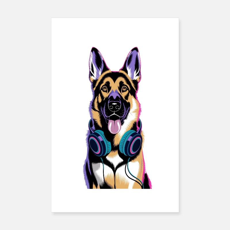German Shepherd with Headphones Poster 8" x 12" (20x30 cm)