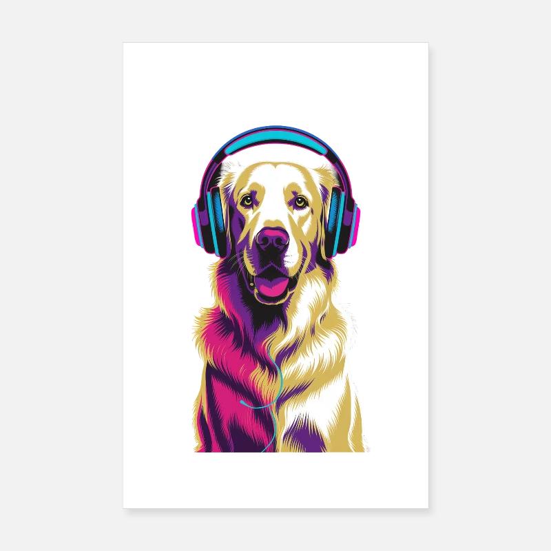Golden Retriever mit Kopfhörer Poster 20x30 cm