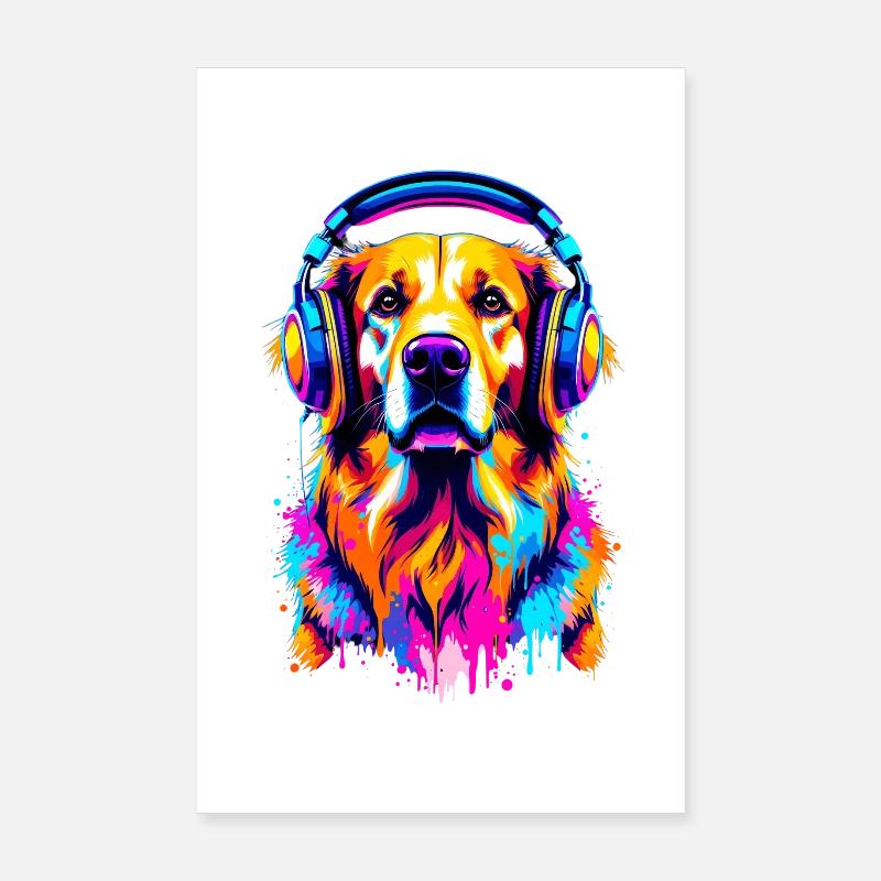 Golden Retriever avec des écouteurs Poster 20 x 30 cm