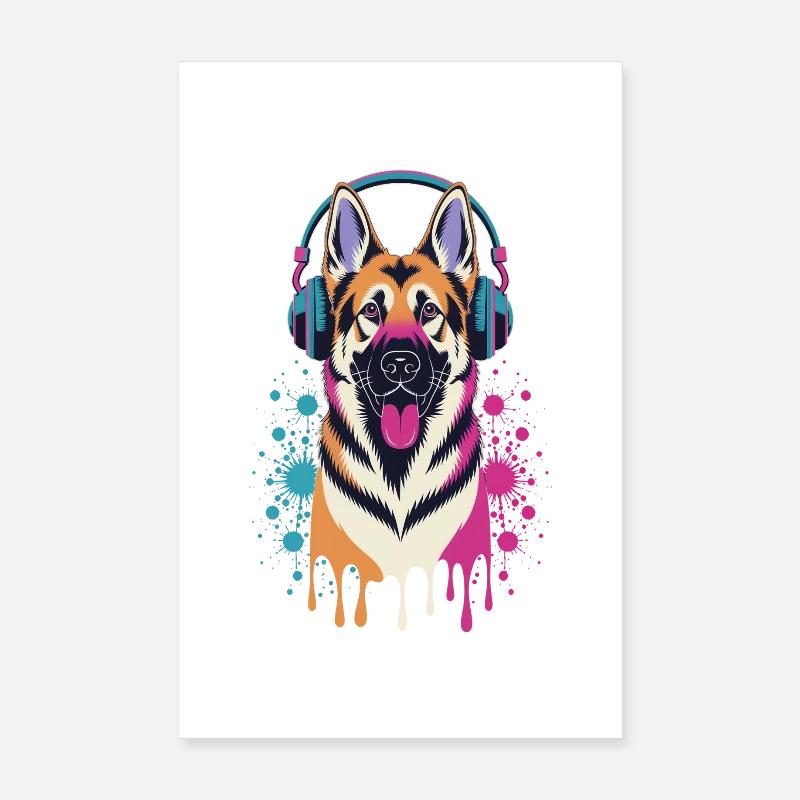 German Shepherd with Headphones Poster 8" x 12" (20x30 cm)