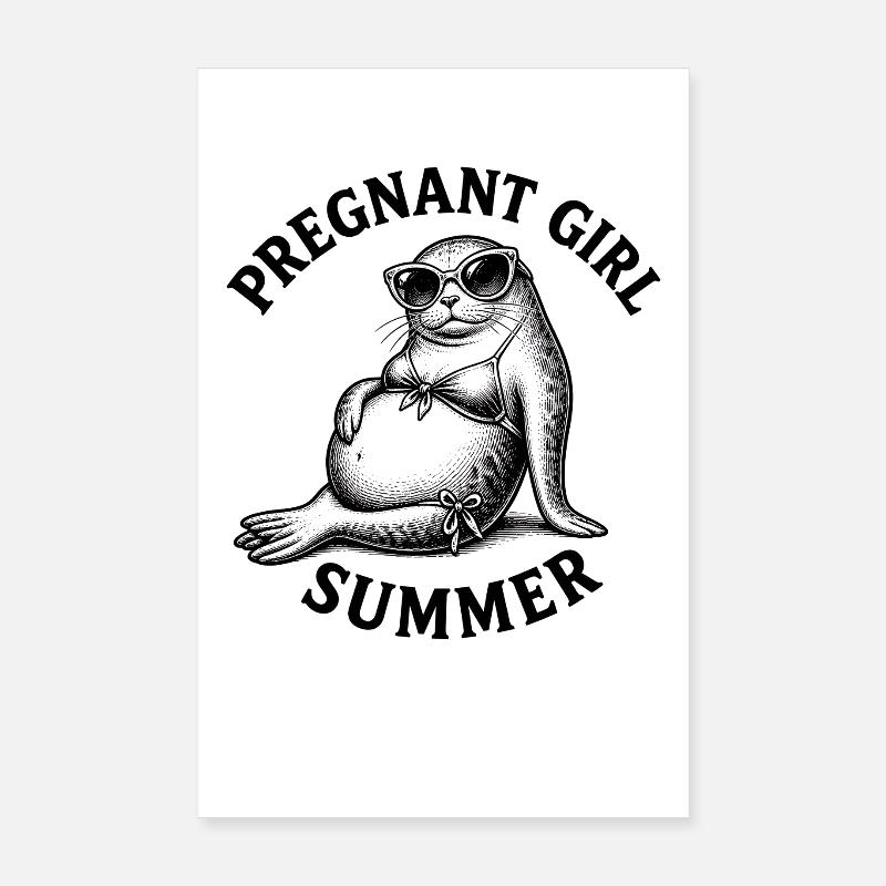 Fille enceinte, été, plage, phoque, drôle Poster 20 x 30 cm