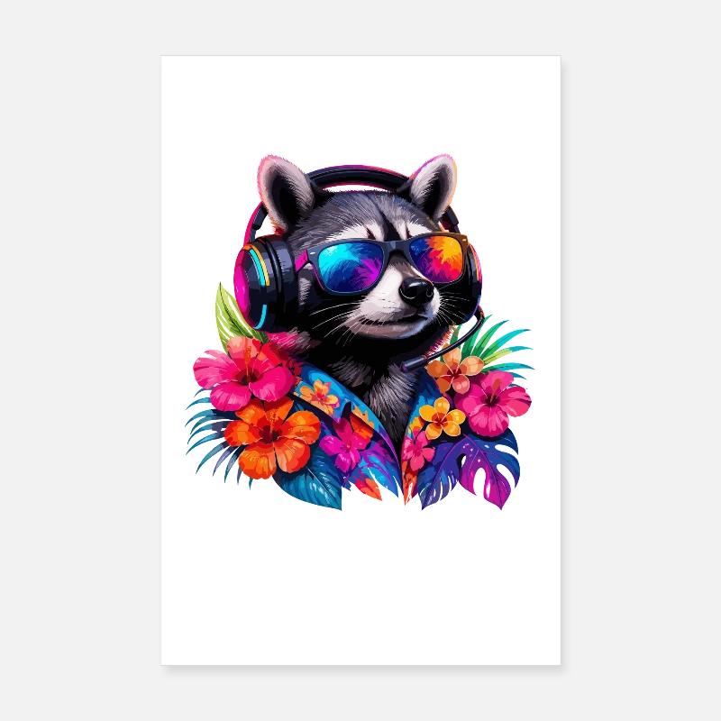 DJ raton laveur en impression hawaïenne néon Poster 20 x 30 cm