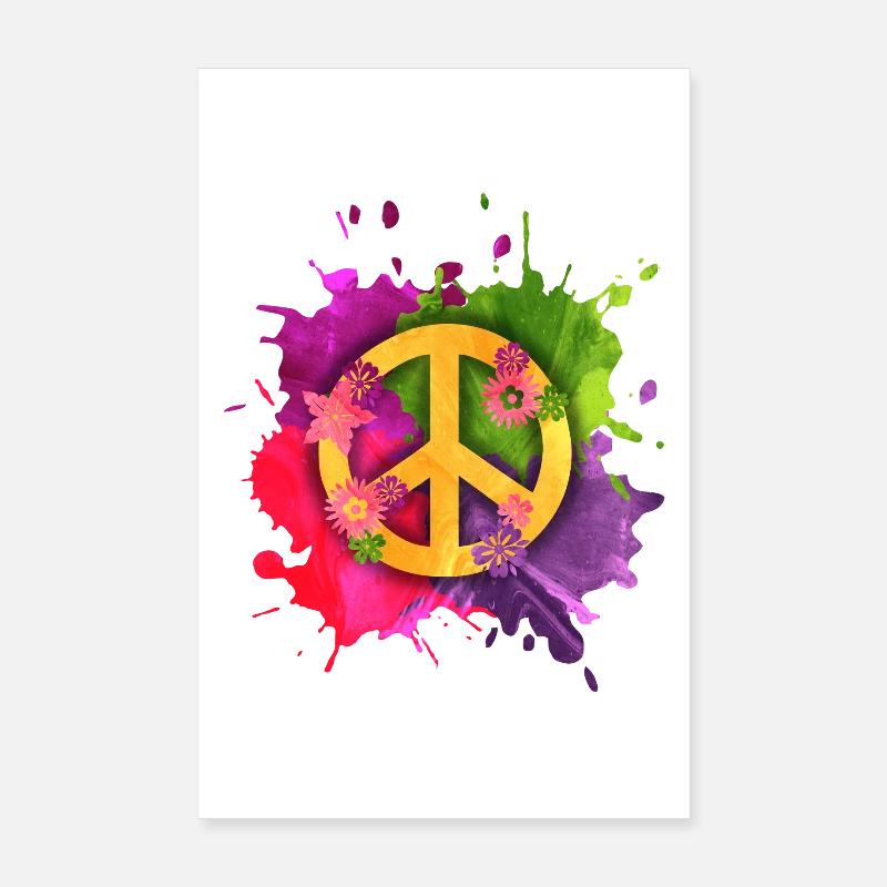 Peace Zeichen Hippie Splash – Flower Power - Poster 20x30 cm - Weiß