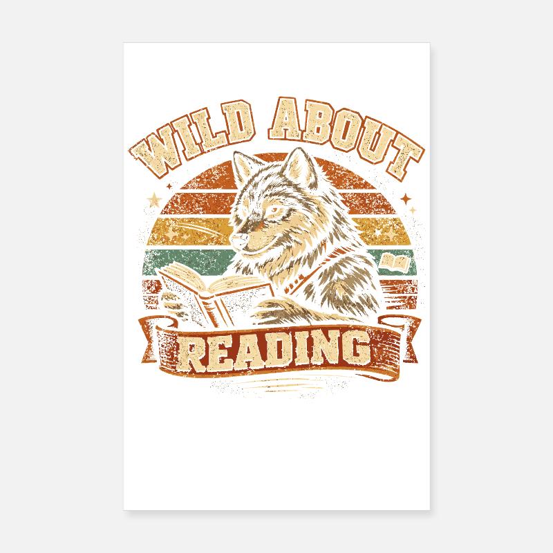 Wild About Reading Wolf Retro Bücher Spruch Poster 20x30 cm