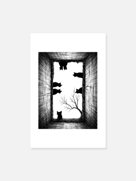 Dunkle Katzen im Tunnelrahmen - Poster 20x30 cm - Weiß