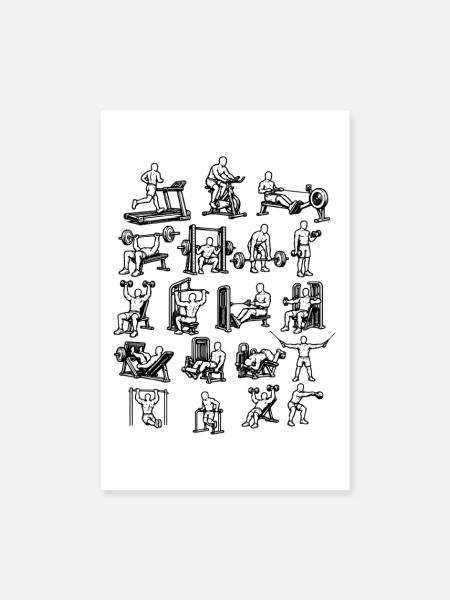 Backprint: Workout Gym, Muskelaufbau, Fitness Gym - Poster 20x30 cm - Weiß - Vorne