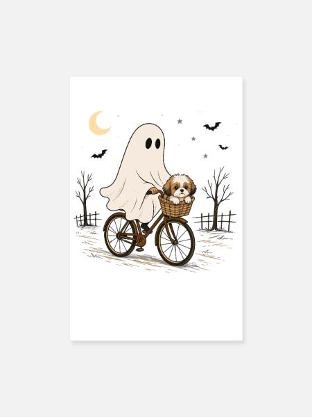 Shih Tzu Geisterfahrrad Halloween Nachtfahrt - Poster 20x30 cm - Weiß - Vorne