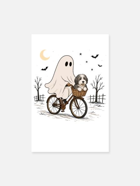 Bearded Collie Geisterfahrrad Halloween Nachtfahrt - Poster 20x30 cm - Weiß - Vorne