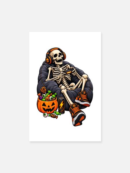 Fun Halloween video game with a skeleton - Poster 20x30 cm - Weiß - Vorne