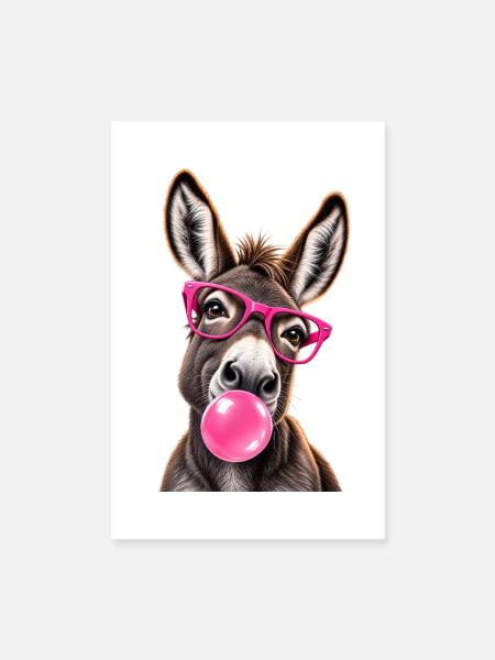 Âne Cool avec Lunettes Roses et Bubble Gum - Poster 20x30 cm - Weiß - Vorne