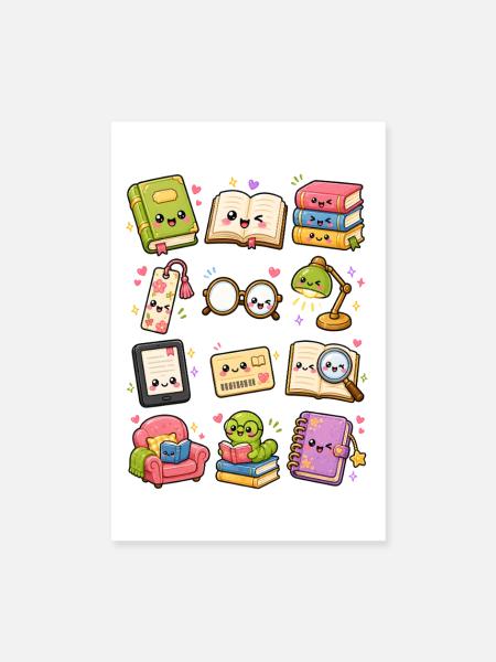 Kawaii Lesen | Bücher & Leseratten - Poster 20x30 cm - Weiß - Vorne