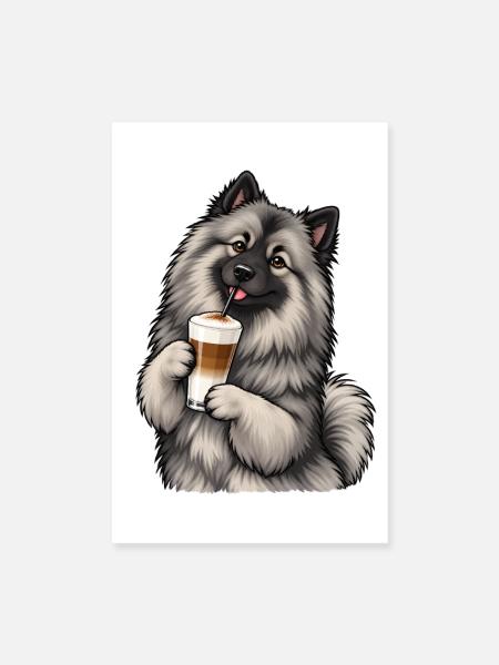Wolfsspitz mit Latte Macchiato - Poster 20x30 cm - Weiß - Vorne