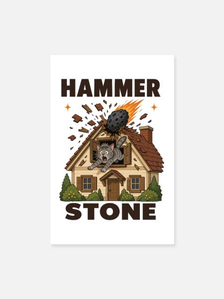  Hammer Stein Meteorit Jagd Katze Haus - Poster 20x30 cm - Weiß - Vorne