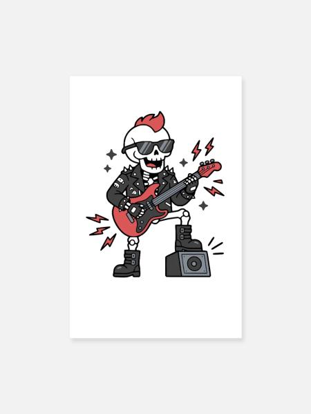 Cute Kawaii Skeleton Rock star Electric Guitarist - Poster 20x30 cm - Weiß - Vorne