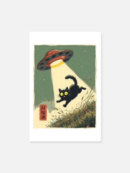 Katze UFO Entführung Japanisch Retro Alien - Poster 20x30 cm - Weiß - Vorne
