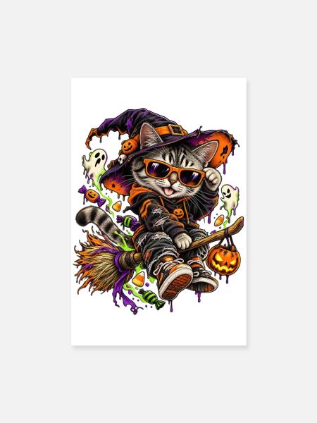 Halloween Hexenkatze auf Besen - Poster 20x30 cm - Weiß - Vorne