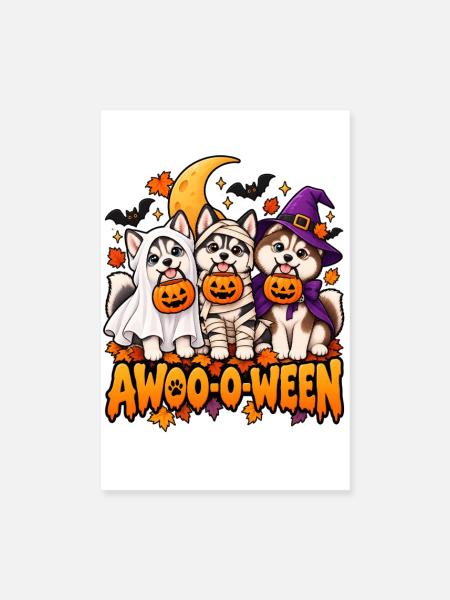 Halloween-Wau: Drei Welpen im Kürbis - Poster 20x30 cm - Weiß - Vorne