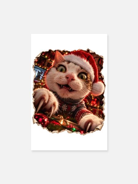 Verrückte Weihnachtskatze – Bescherung mit Krallen - Poster 20x30 cm - Weiß - Vorne