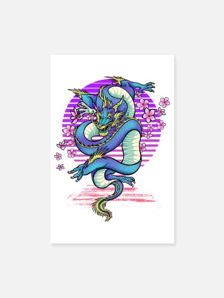 Drache Kirschblüten Fantasy - Poster 20x30 cm - Weiß - Vorne
