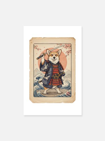 Samurai Corgi japanischer Holzschnitt Stil - Poster 20x30 cm - Weiß - Vorne