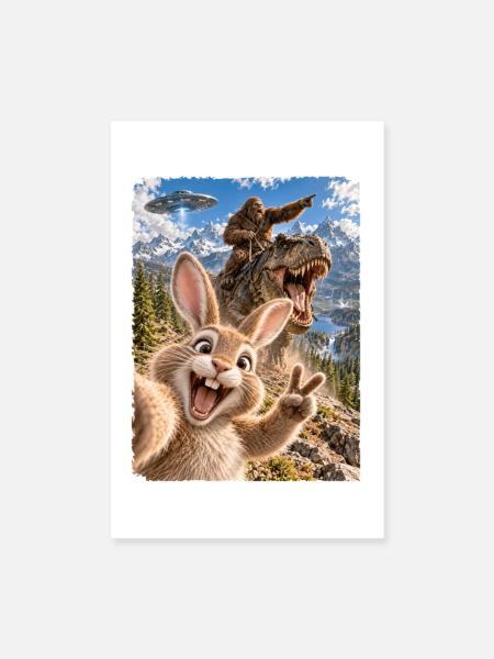 Osterhase Selfie mit Bigfoot, T-Rex, UFO - Poster 20x30 cm - Weiß - Vorne