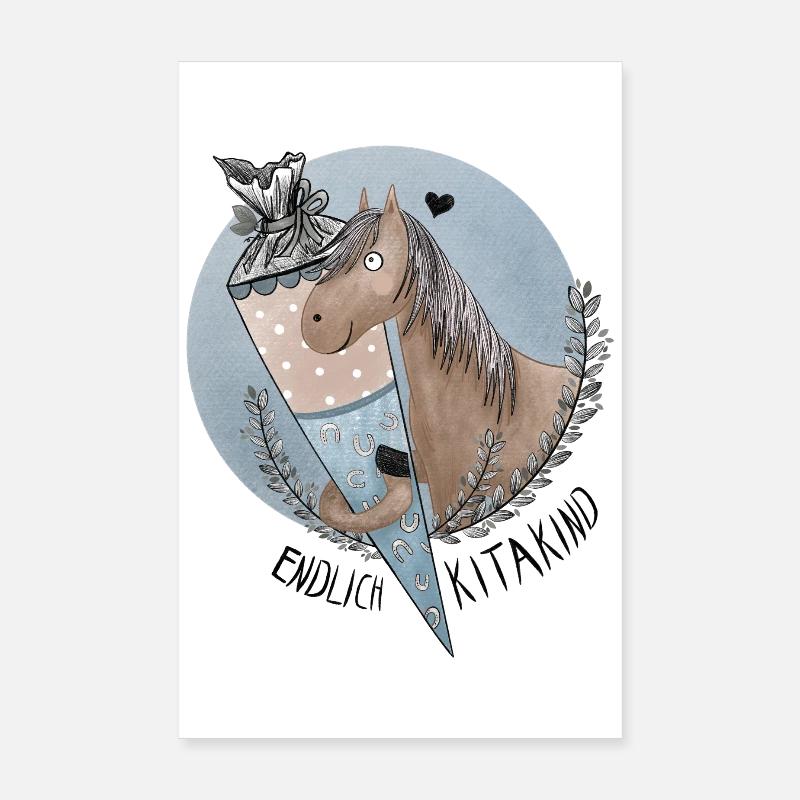 Endlich Kitakind Pferd mit Schultüte Blau - Poster 20x30 cm - Weiß