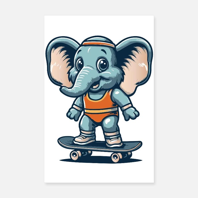 Éléphant de dessin animé bleu sur la planche à roulettes Poster 20 x 30 cm