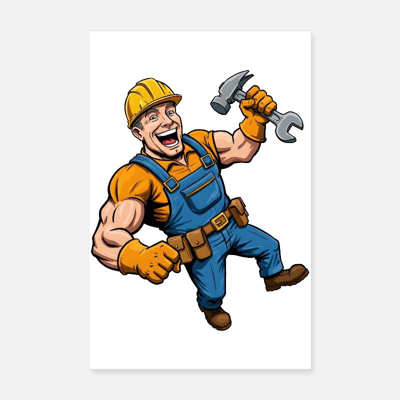 Cheerful cartoon construction worker with tools Poster 8" x 12" (20x30 cm)