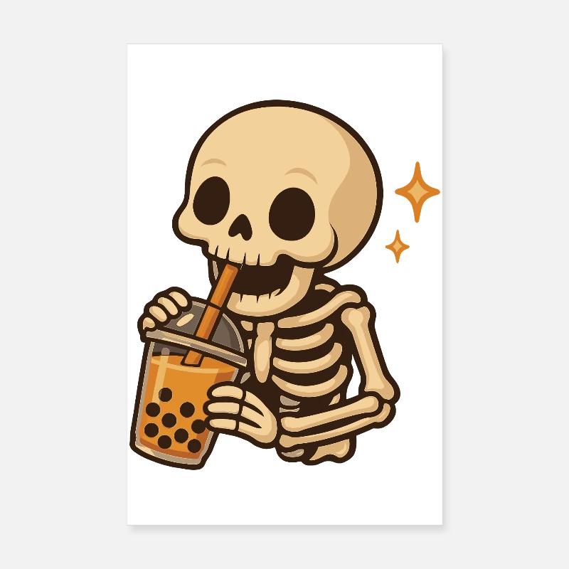 Skeleton with Bubble Tea kawaii Skeleton Poster 8" x 12" (20x30 cm)