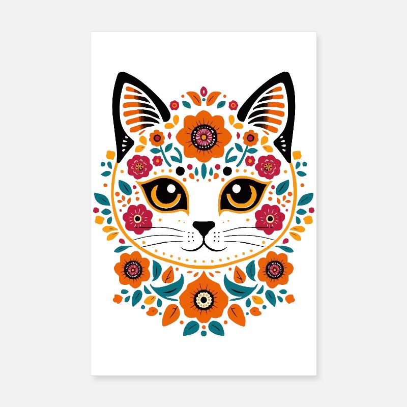 Chat fleur dans le style folklorice Poster 20 x 30 cm