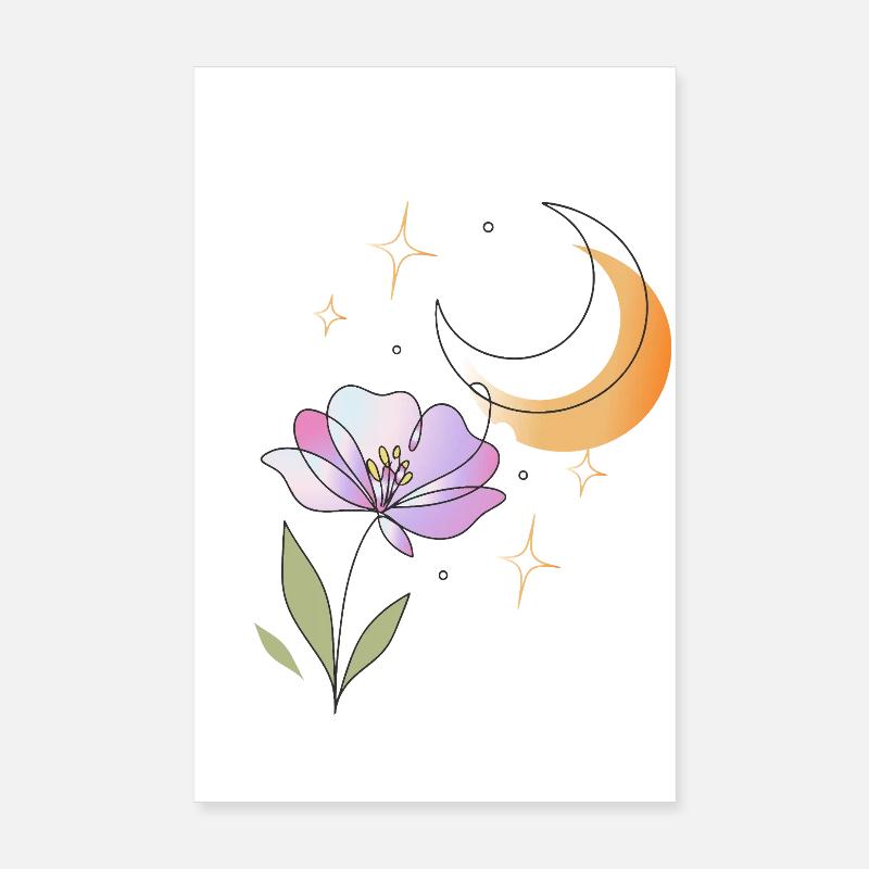 Fleur avec illustration en lignes de lune Poster 20 x 30 cm
