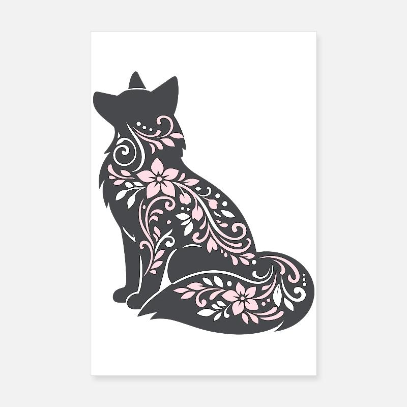 Silhouette de chat décorée de fleurs Poster 20 x 30 cm