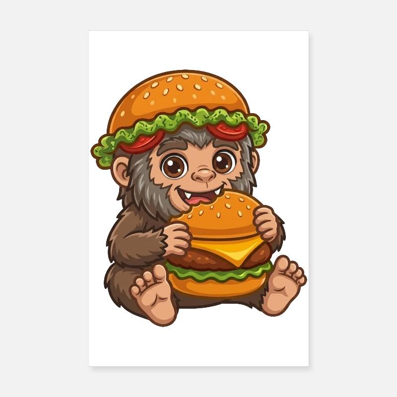 Mignon Sasquatch Bigfoot Cartoon Burger de restauration rapide Poster 20 x 30 cm