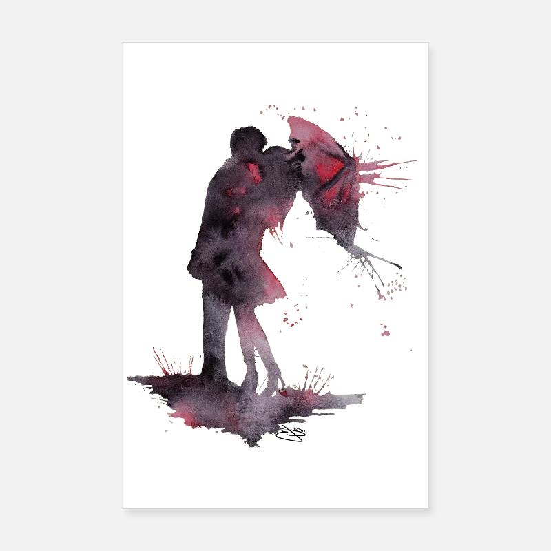 Aquarelle Amour et Baiser - Poster 20 x 30 cm - blanc