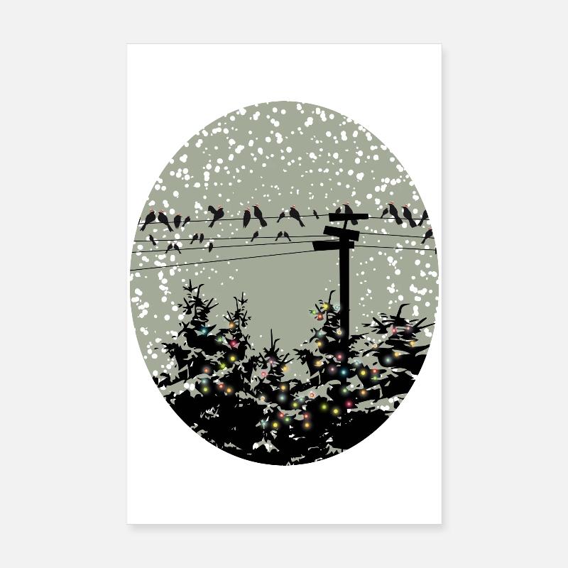 Birds on power line over illuminated trees Poster 8" x 12" (20x30 cm)