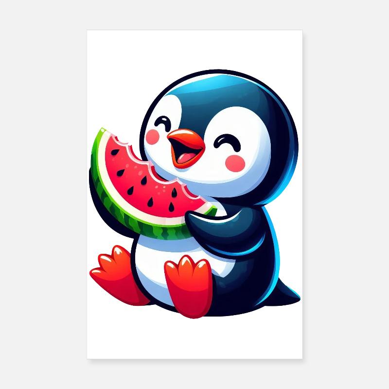Cute Penguin Melon Watermelon Summer Cartoon Poster 8" x 12" (20x30 cm)