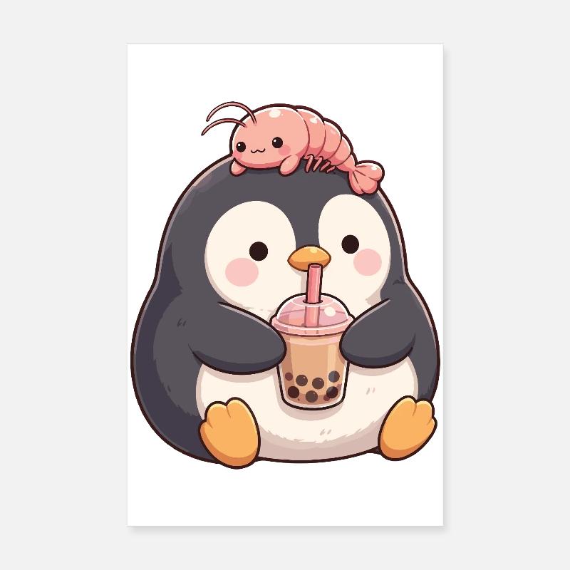 Kawaii Penguin Bubble Tea Boba Crevettes Low Poster 20 x 30 cm