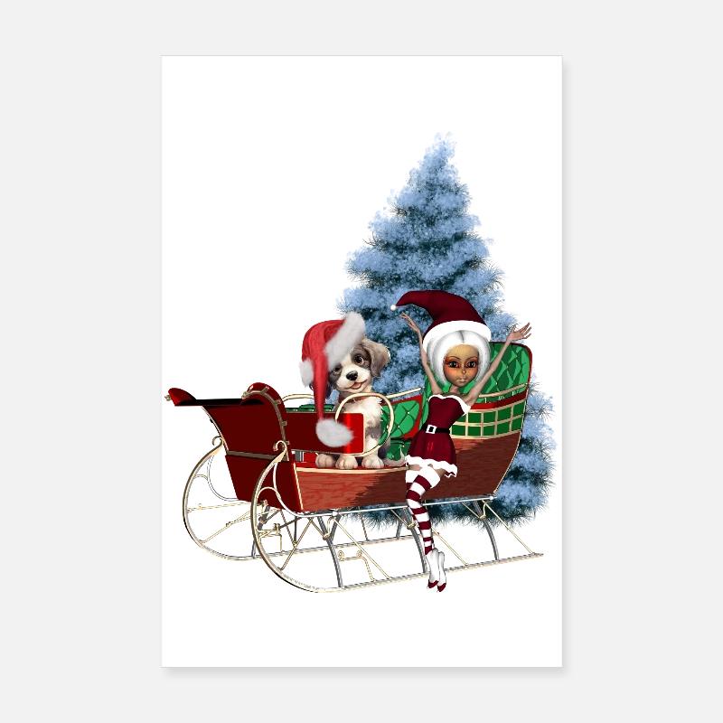 Chiot de Noël mignon et elfe au clair de lune Poster 20 x 30 cm
