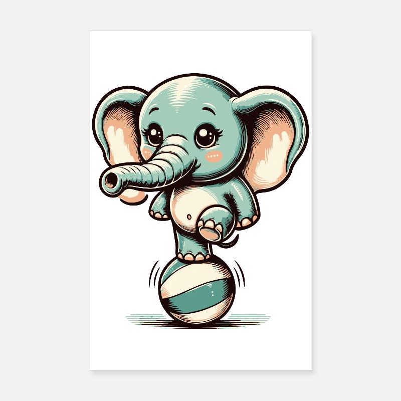 Éléphant de dessin animé mignon sur ballon d’exercice Poster 20 x 30 cm