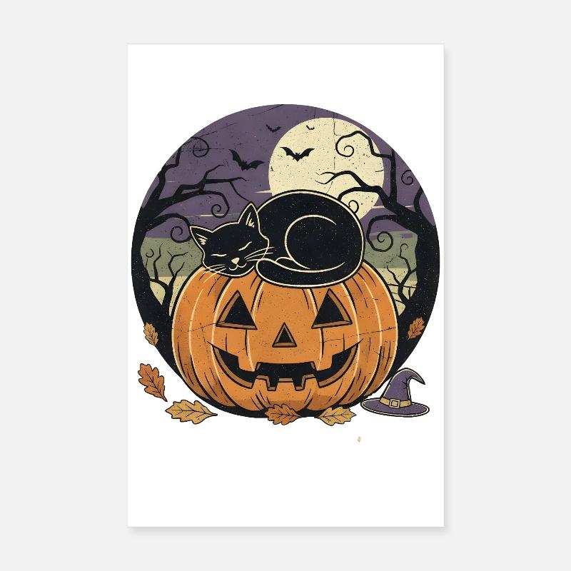 Chat noir dormant sur une lanterne jack-o | Halloween Poster 20 x 30 cm