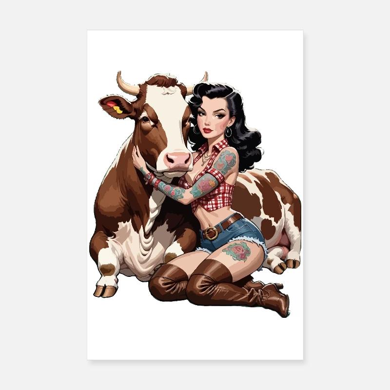 Fermière pin-up avec tatouage et vache Poster 20 x 30 cm