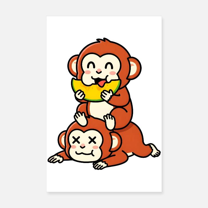 Singe espiègle mangeant de la pastèque sur un ami Poster 20 x 30 cm