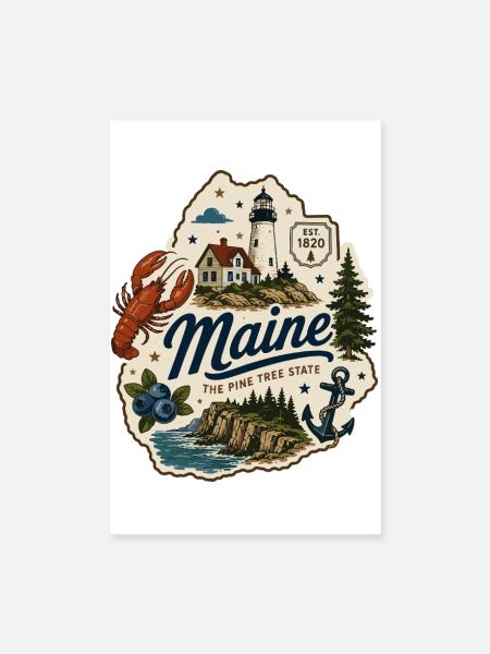 Maine Pine Tree State Vintage Küstenaufkleber - Poster 20x30 cm - Weiß - Vorne