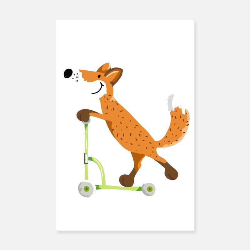 Petit renard sur son scooter vert - Enfants Poster 20 x 30 cm