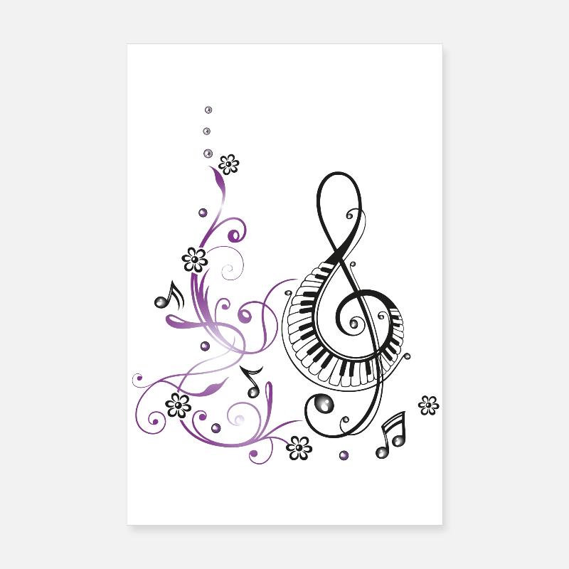 Clef avec piano, fleurs et notes de musique. Poster 20 x 30 cm