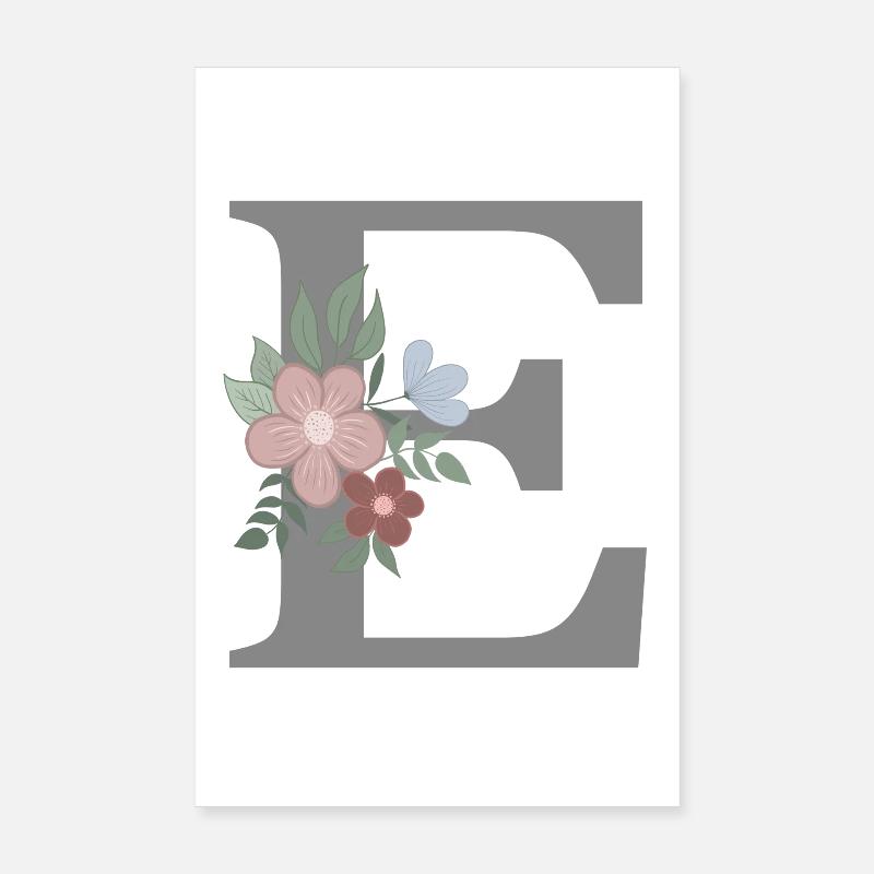 Buchstabe E mit Blume grau Poster 20x30 cm