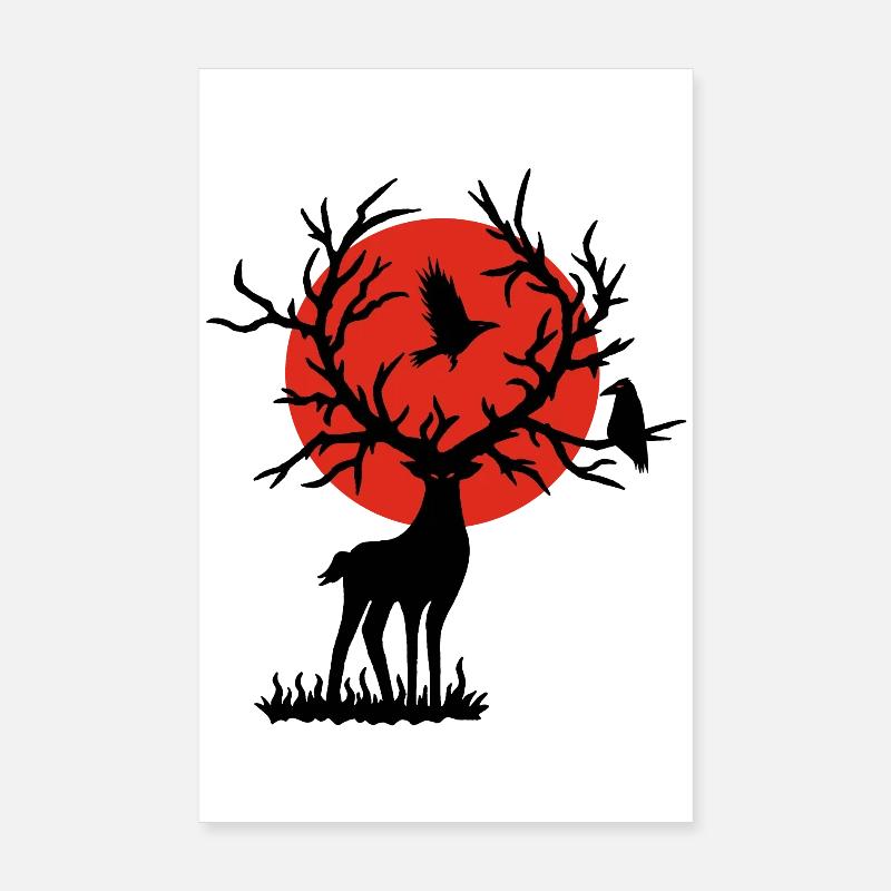 Der schwarze Hirsch und die rote Sonne - Poster 20x30 cm - Weiß