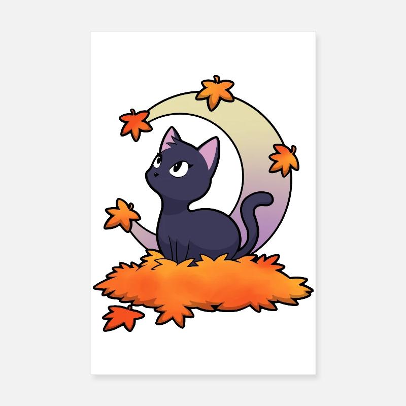 Chat noir sous lune automnale Poster 20 x 30 cm