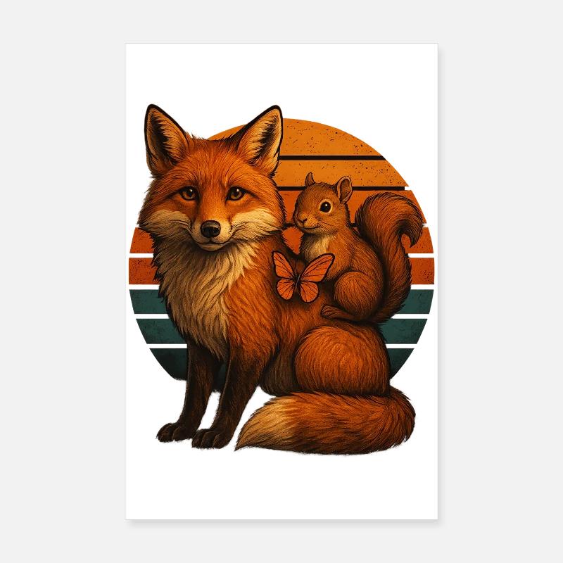 Fuchs Eichhörnchen Retro Tierfreunde Poster 20x30 cm
