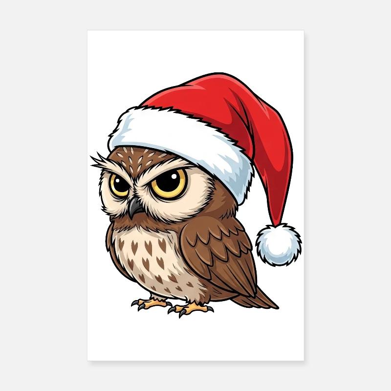 Grumpy owl with Christmas hat cartoon Christmas Poster 20x30 cm